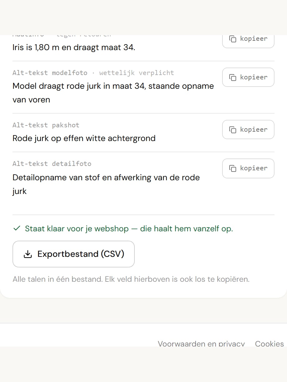 Maatinfo, alt-teksten, de webshop-status en het exportbestand — de drie uitleverroutes
