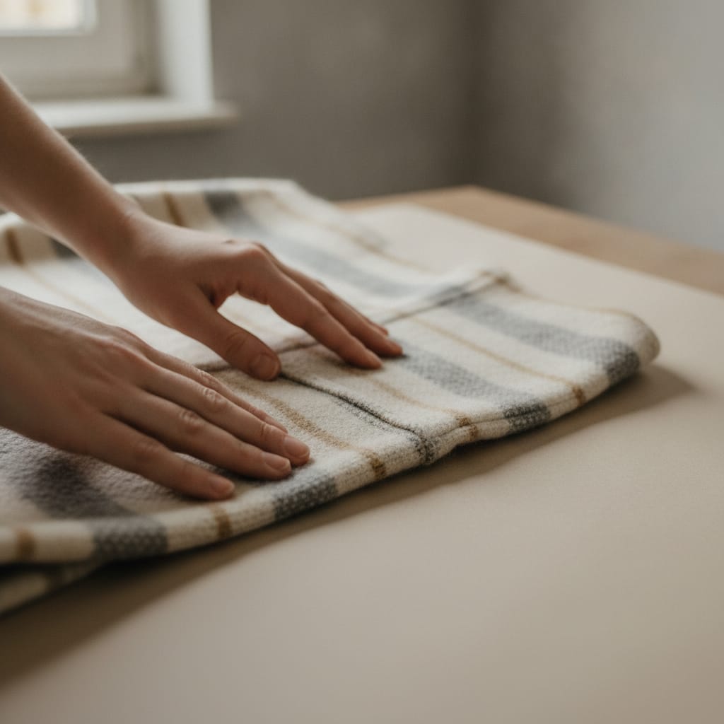 Detailopname van stof en stiksel bij daglicht — bij het artikel over AI-fotografie versus fotograaf