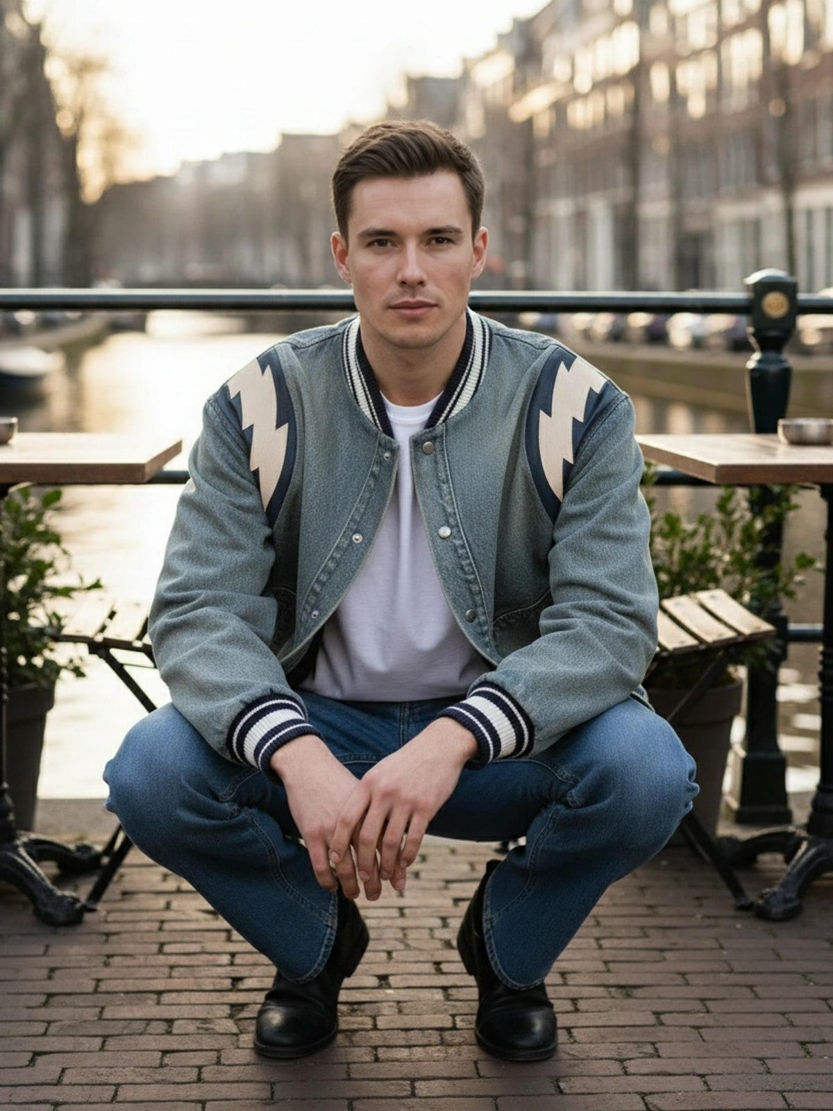 Hetzelfde model met hetzelfde bomberjack, gehurkt op een terras aan de gracht bij laag zonlicht