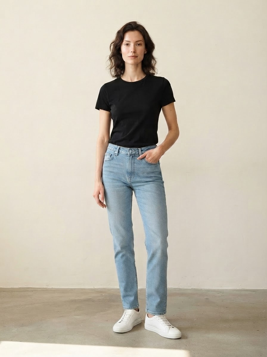 Model Lena draagt een lichtblauwe damesjeans met een zwart T-shirt