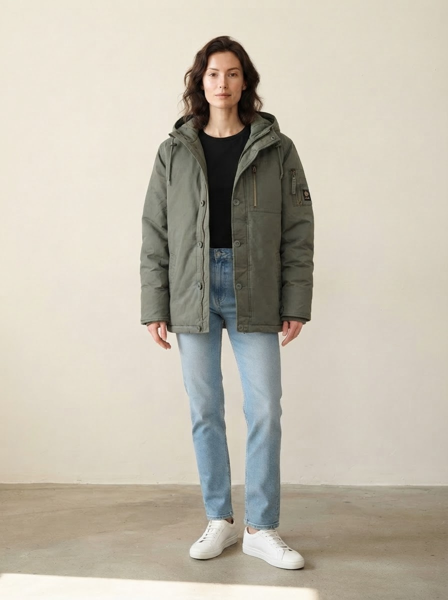 Hetzelfde model Lena, dezelfde studio, nu in een olijfgroene winterparka