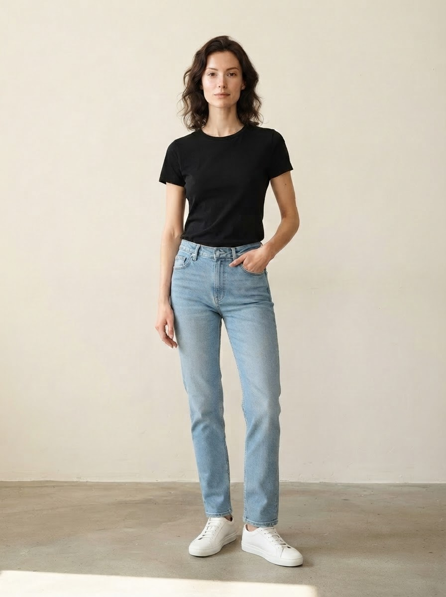 Vrouwelijk model draagt de lichtblauwe damesjeans met een zwart T-shirt en witte sneakers, in een lichte ruimte