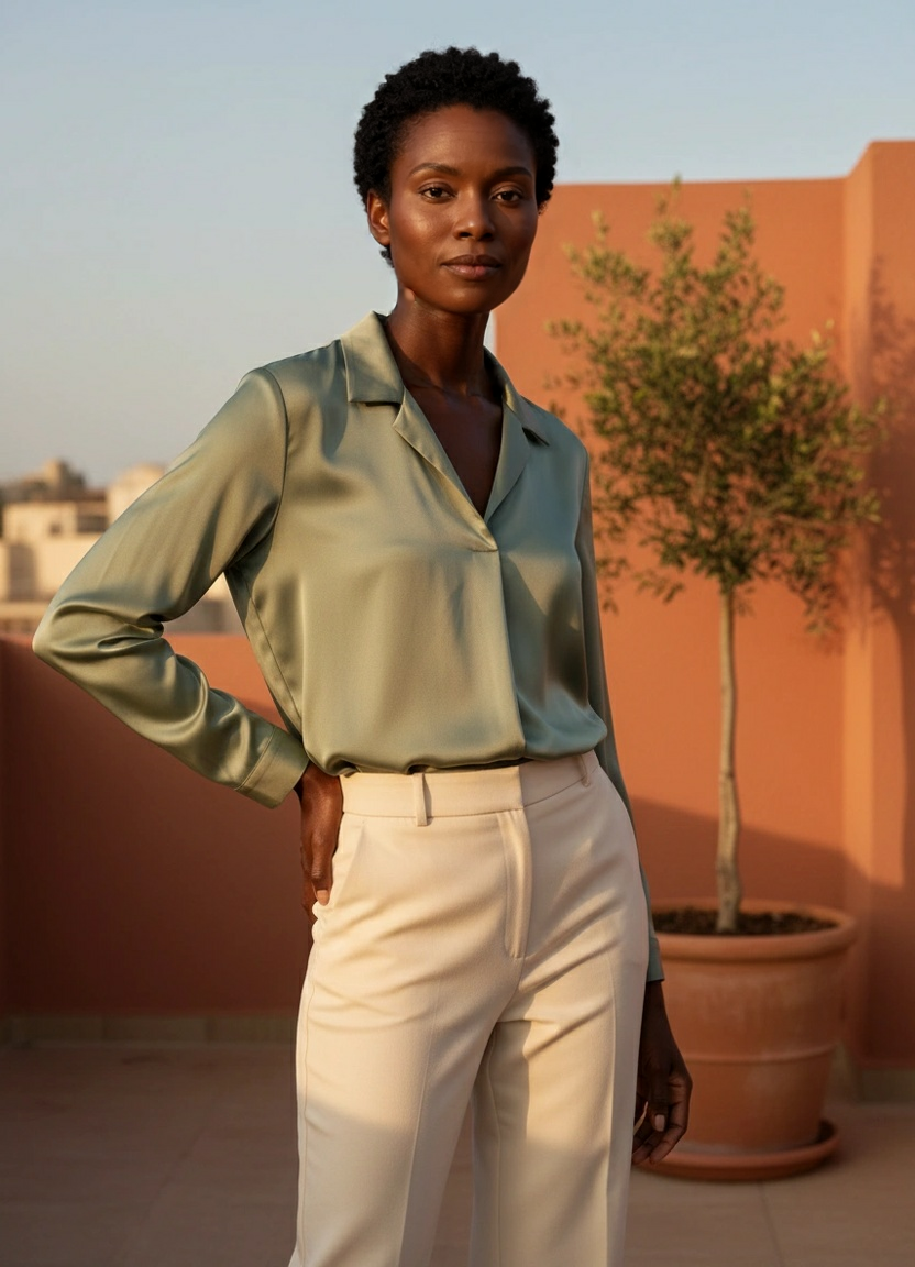 Hetzelfde exclusieve model draagt de saliegroene blouse op een dakterras in laag gouden zonlicht