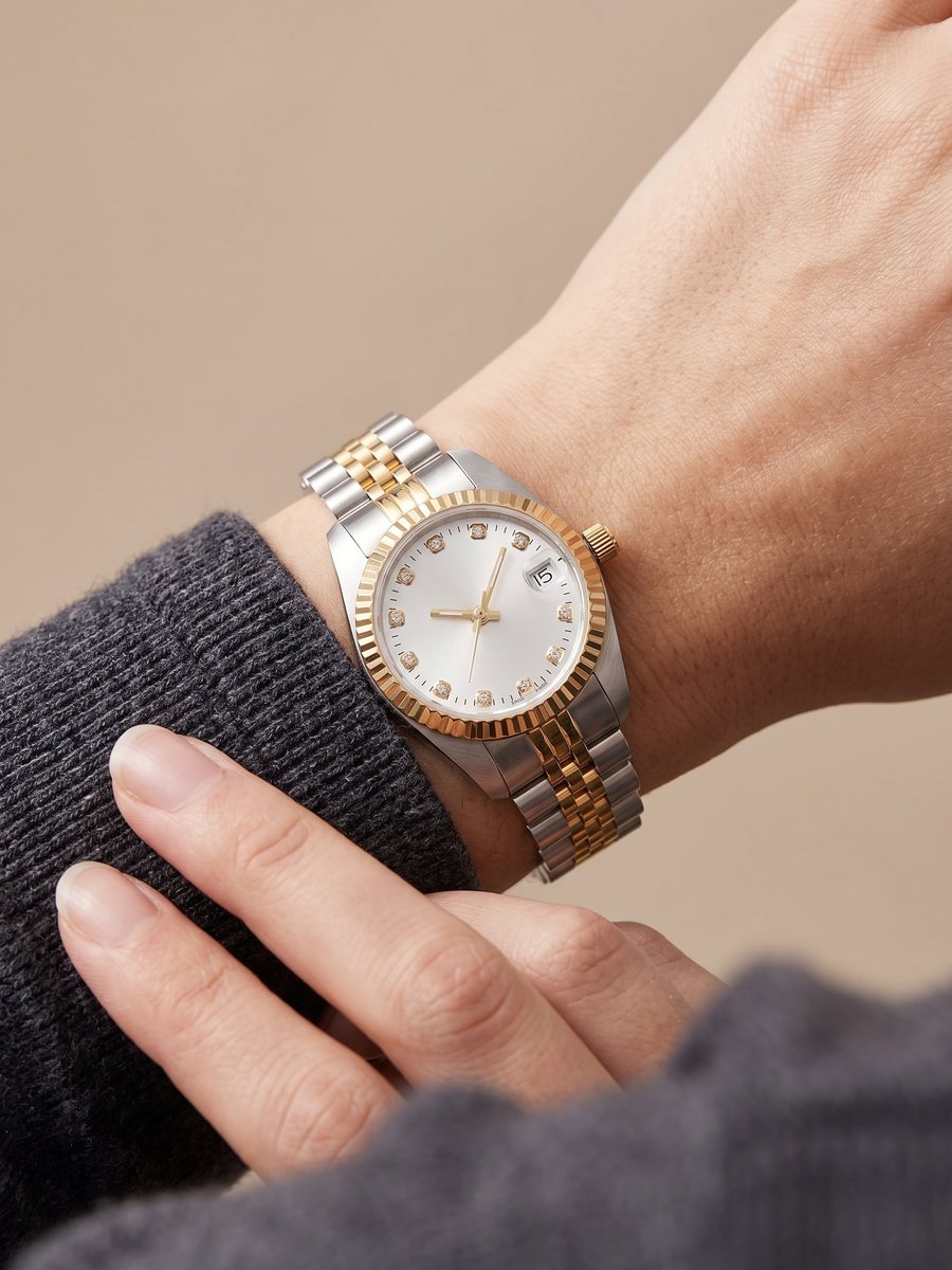 Pols van een model met hetzelfde zilver- en goudkleurige horloge, witte wijzerplaat met steentjes, boven een donkergrijze gebreide mouw