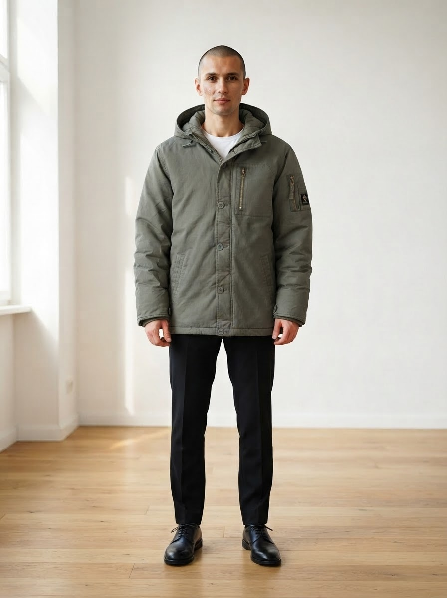 Mannelijk model draagt de olijfgroene winterparka met capuchon, in een lichte ruimte