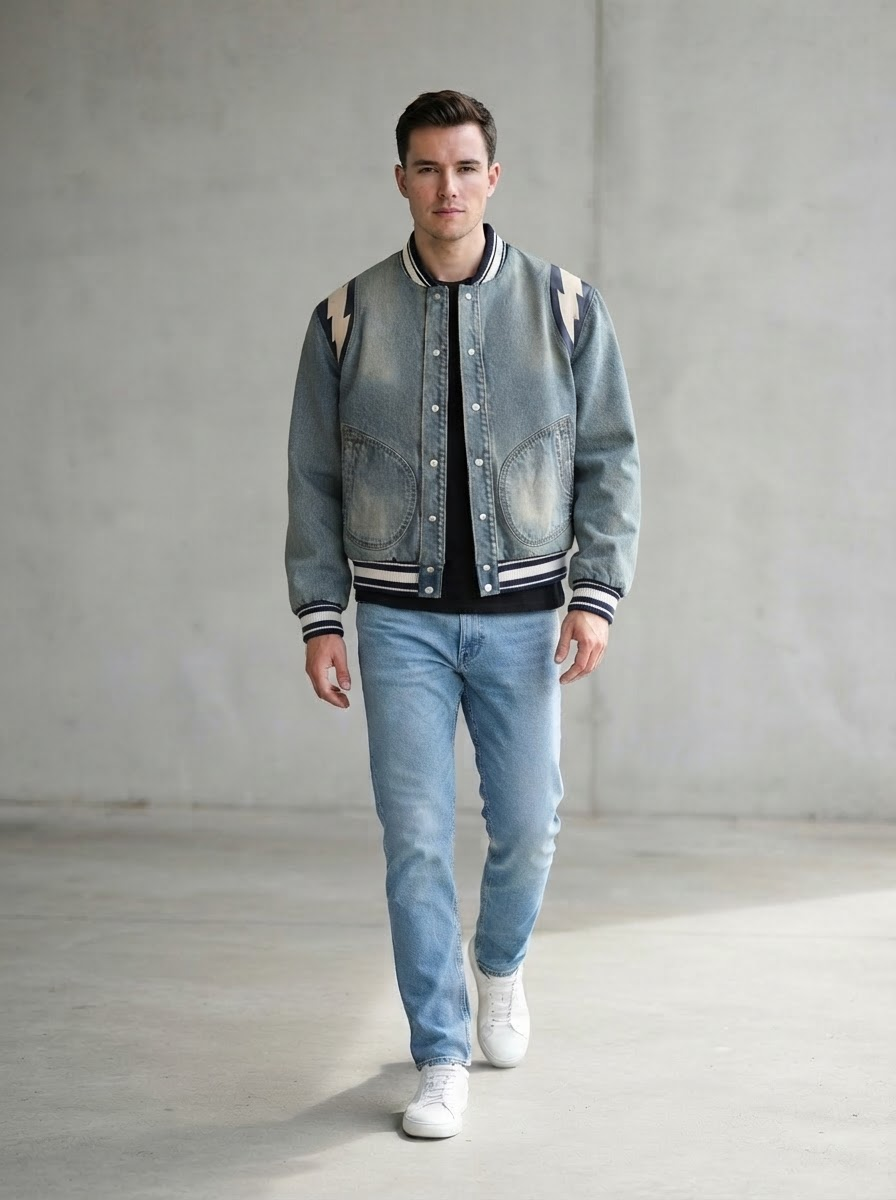 Model draagt een gewassen blauw denim bomberjack met bliksemapplicaties — het origineel