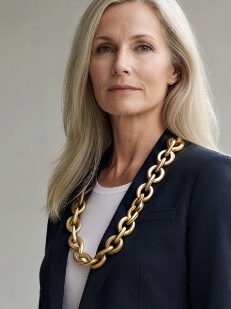 Detailopname: de gouden schakelketting om de hals van een model