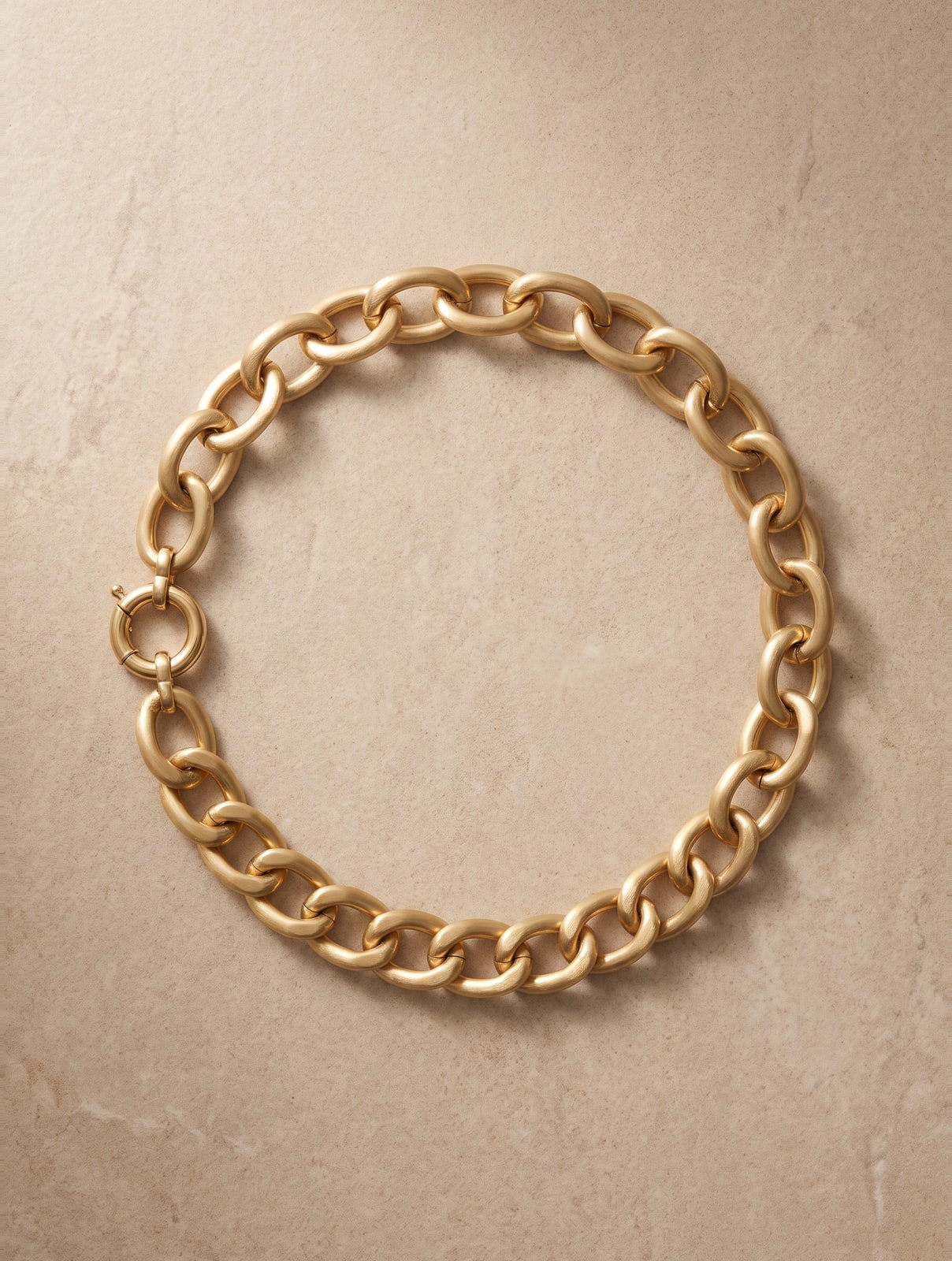 Goudkleurige schakelketting, volledig in beeld met zichtbare sluiting, op beige natuursteen