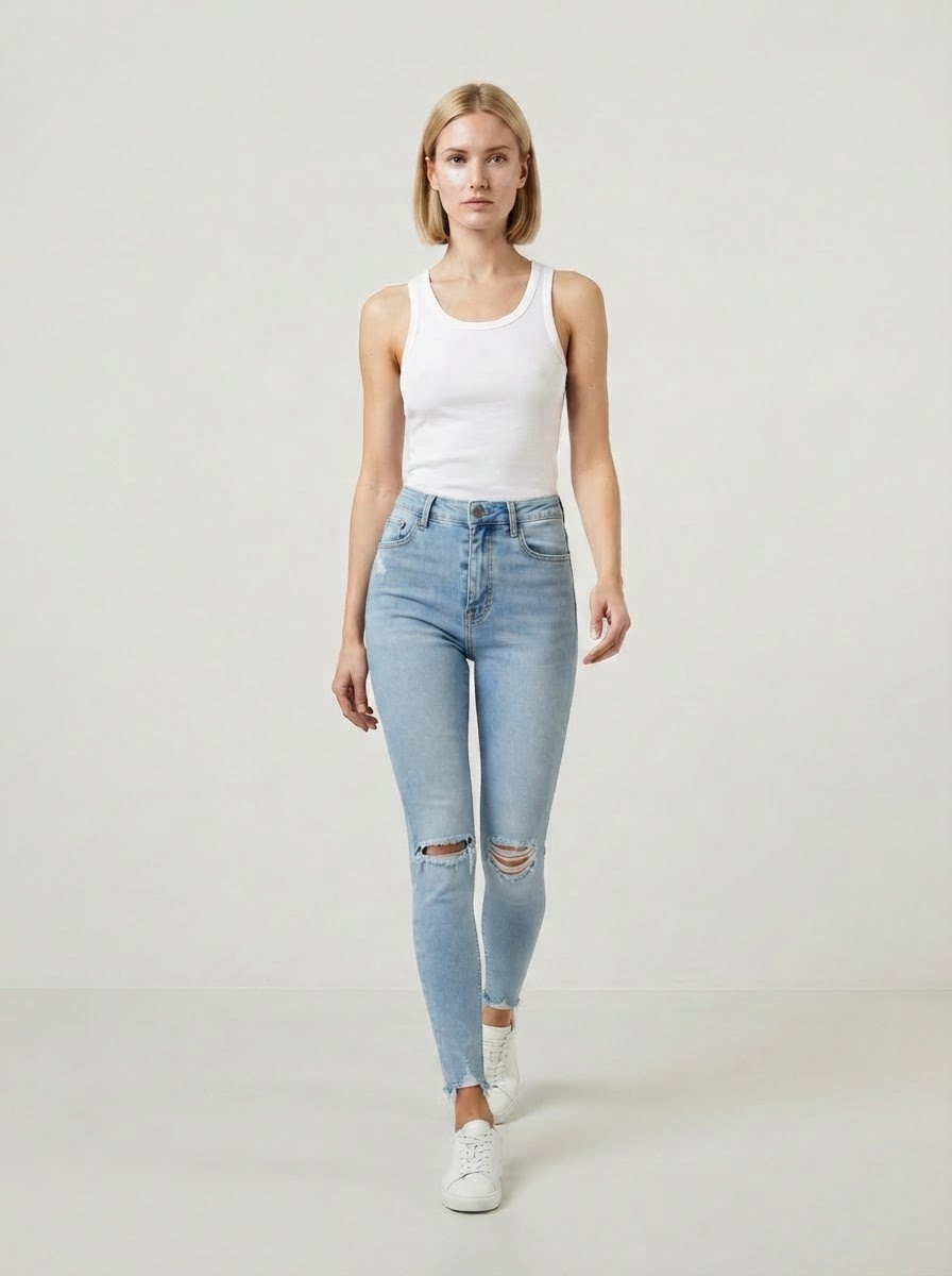 Model draagt de lichtblauwe jeans, frontaal