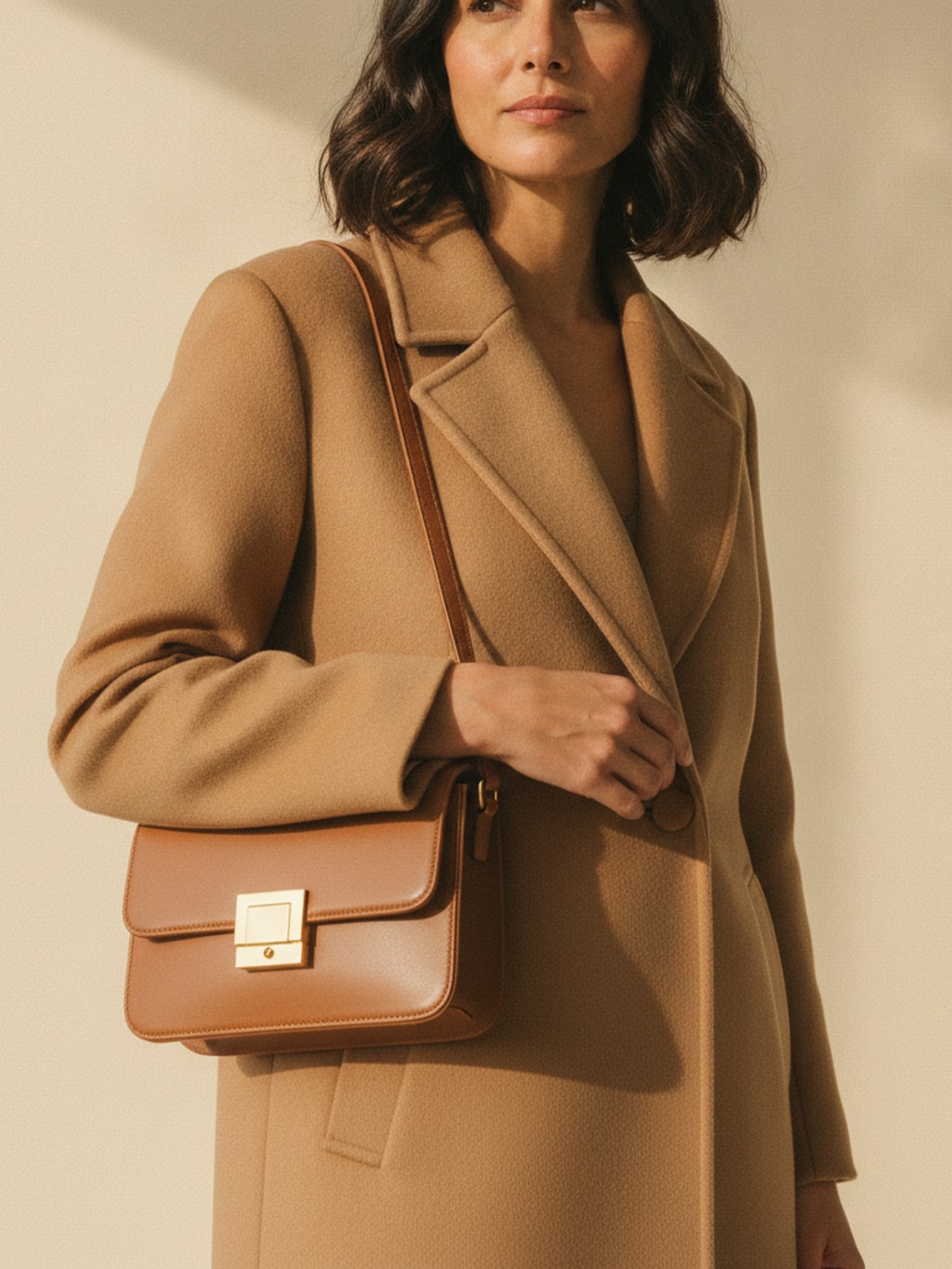 Vrouw in een camelkleurige wollen jas met een cognac leren schoudertas met gouden sluiting
