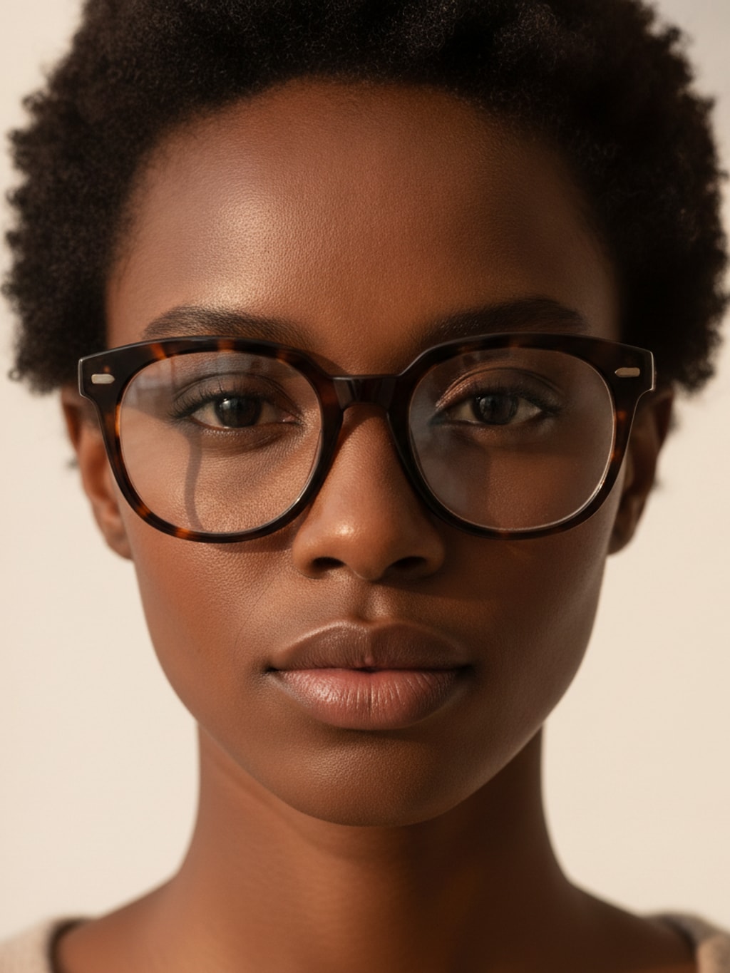 Close-up portret van een vrouw met een bril met schildpadmontuur en heldere glazen