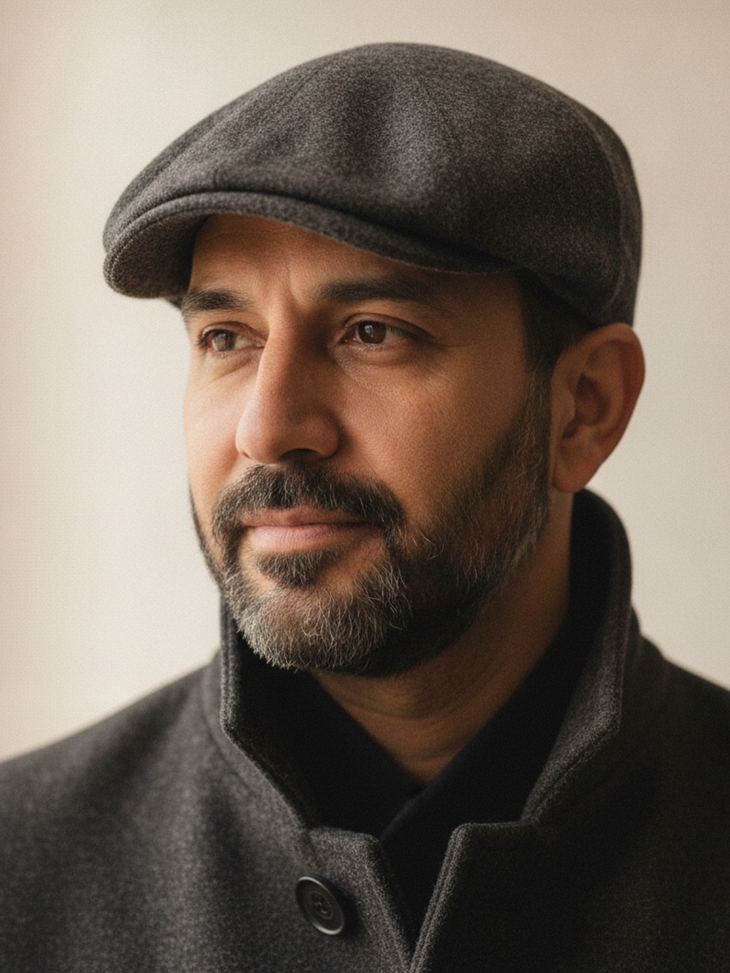 Man met een baard draagt een antracietkleurige wollen flat cap en een donkergrijze overjas