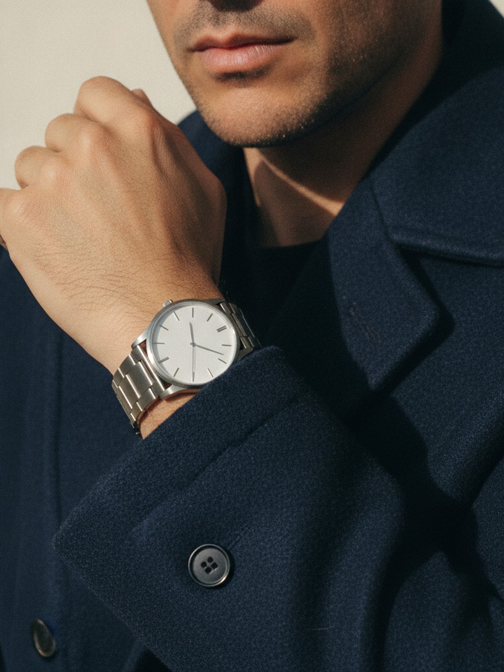 Close-up van een pols met een stalen horloge met witte wijzerplaat, bij de omslag van een donkerblauwe wollen jas