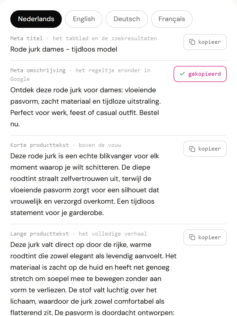 Hetzelfde tekstenpaneel met per veld een kopieerknop; één veld toont net "gekopieerd"