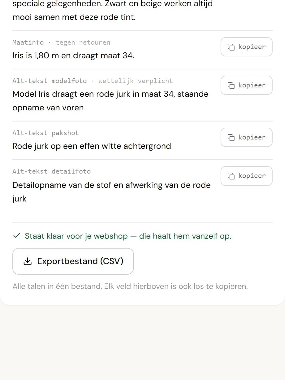 De drie alt-teksten (modelfoto, pakshot, detailfoto) in het tekstenpaneel