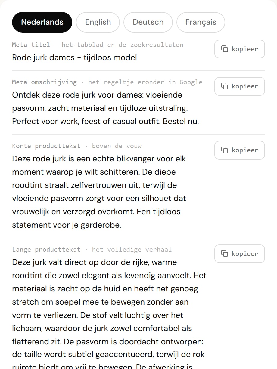 Het tekstenpaneel met vier taaltabbladen en de vier tekstsoorten