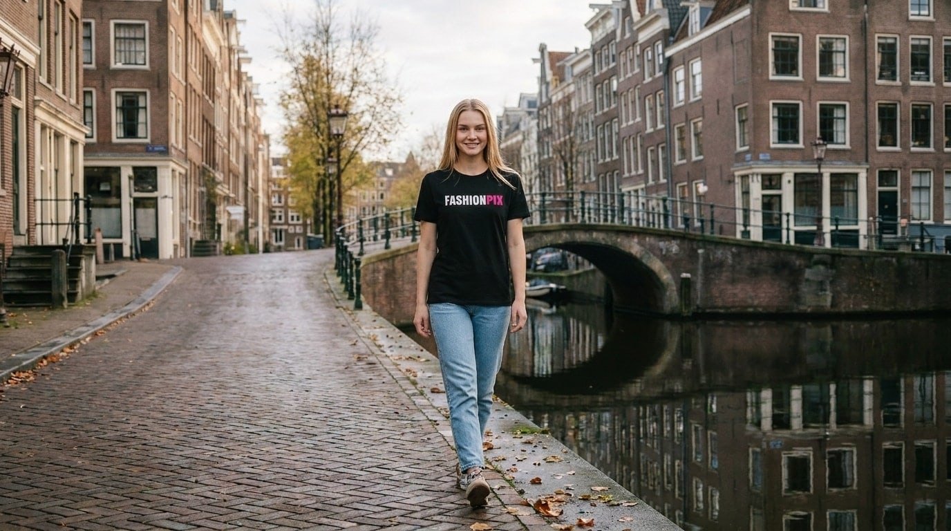 Jong blond model in het zwarte FASHIONPIX-T-shirt en een lichte jeans wandelt glimlachend langs een Amsterdamse gracht met een bruggetje