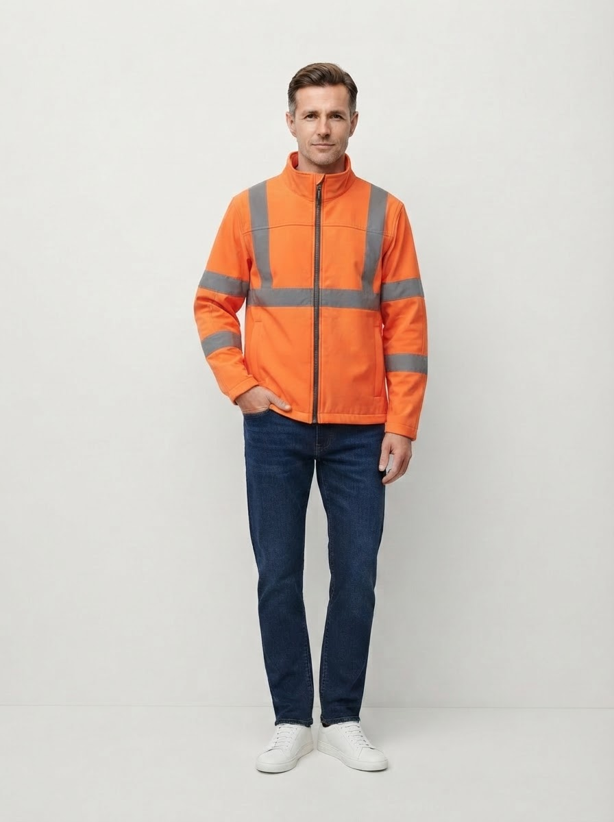 Mannelijk model draagt de oranje hi-vis werkjas met reflectiestrepen