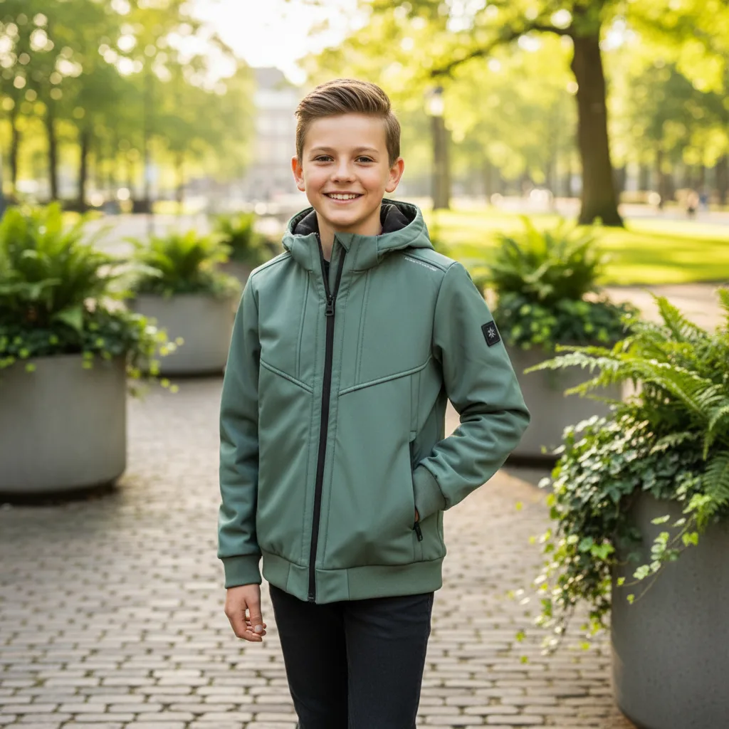 De softshell kinderjas gedragen op een model, buiten — gemaakt met FashionPix